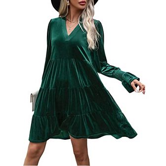 Women’s Elegant Velvet Long Sleeve Dress V Neck A Line Babydoll Flowy Wedding Party Mini Dress