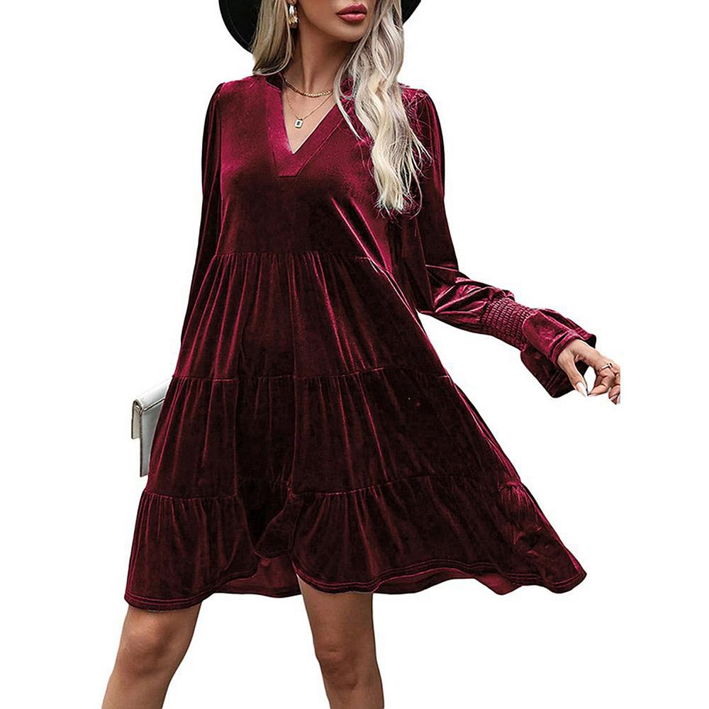 Elegant Velvet Long-sleeved Pleated Button Midi Dress