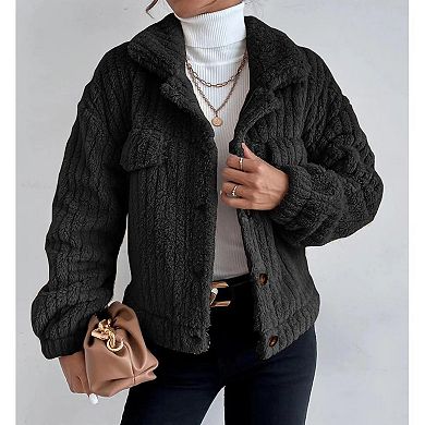 Women's Sherpa Fleece Jacket Long Sleeve Button Down Fuzzy Shacket Winter Outwear Coat with Pockets