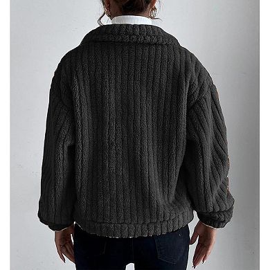 Women's Sherpa Fleece Jacket Long Sleeve Button Down Fuzzy Shacket Winter Outwear Coat with Pockets