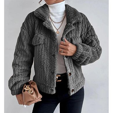 Women's Sherpa Fleece Jacket Long Sleeve Button Down Fuzzy Shacket Winter Outwear Coat with Pockets