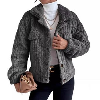 Women's Sherpa Fleece Jacket Long Sleeve Button Down Fuzzy Shacket Winter Outwear Coat with Pockets