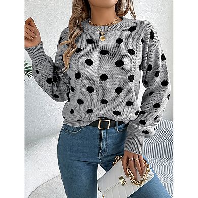 Women's Polka Dot Print Knitted Jumper Loose Crew Neck Pullover Autumn and Winter Hot Jumper