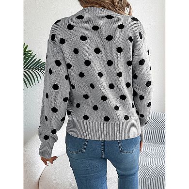 Women's Polka Dot Print Knitted Jumper Loose Crew Neck Pullover Autumn and Winter Hot Jumper