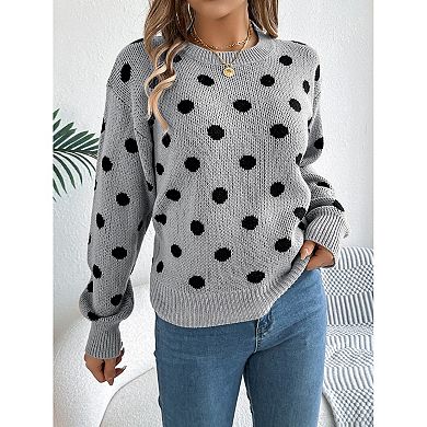 Women's Polka Dot Print Knitted Jumper Loose Crew Neck Pullover Autumn and Winter Hot Jumper