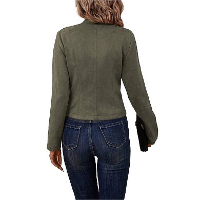Women's Faux Suede Leather Jacket Casual Long Sleeve Blazer Jacket Coat Fall Outfits