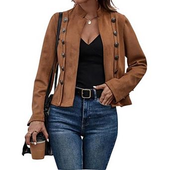 Women's Faux Suede Leather Jacket Casual Long Sleeve Blazer Jacket Coat Fall Outfits