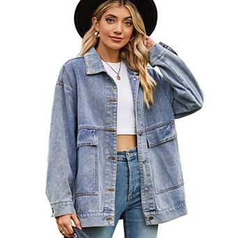 Women's Oversized Denim Jacket Long Sleeve Button Down Jean Jackets Western Coat with Pockets