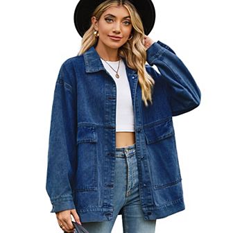 Women's Oversized Denim Jacket Long Sleeve Button Down Jean Jackets Western Coat with Pockets