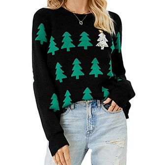 Women's Long Sleeve Christmas Trees Sweater Ugly Sweater Xmas Knitted Pullover Jumper Tops