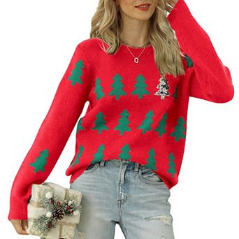 Women's Long Sleeve Christmas Trees Sweater Ugly Sweater Xmas Knitted Pullover Jumper Tops