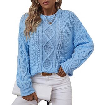 Women Trendy Long Sleeve Crewneck Sweater Pullover Casual Fall Winter Chunky Cable Knit Jumper