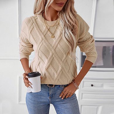Women's Knitted Pullover Sweaters Long Sleeve Chunky Diamond Sweater Round Neck Warm Jumper Tops