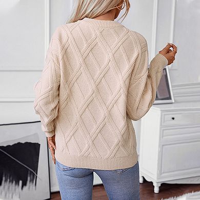 Women's Knitted Pullover Sweaters Long Sleeve Chunky Diamond Sweater Round Neck Warm Jumper Tops