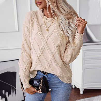 Women's Knitted Pullover Sweaters Long Sleeve Chunky Diamond Sweater Round Neck Warm Jumper Tops