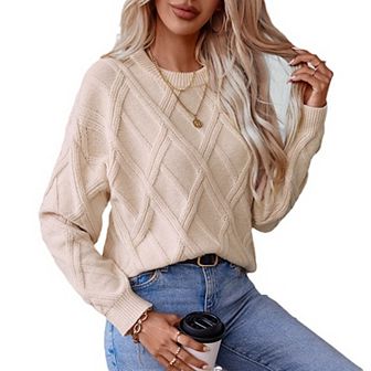 Women's Knitted Pullover Sweaters Long Sleeve Chunky Diamond Sweater Round Neck Warm Jumper Tops