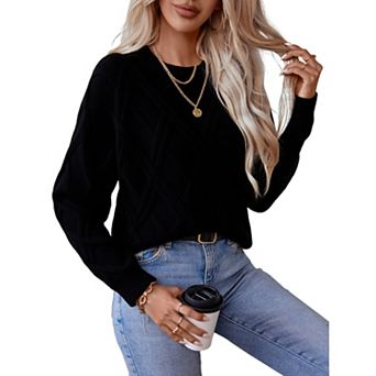 Women's Knitted Pullover Sweaters Long Sleeve Chunky Diamond Sweater Round Neck Warm Jumper Tops