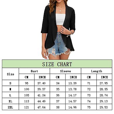Women Solid Color Cardigan Ladies 3/4 Sleeve Summer Chiffon Trendy Open Front Top