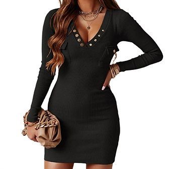 Womens Long Sleeve Sweater Dress V Neck Bodycon Mini Fall DressTrendy Ribbed Ladies Winter Sweater