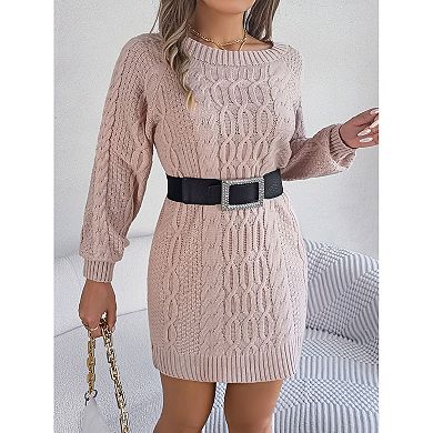 Womens Sweater Dress Winter Cable Knit Crewneck Lantern Sleeve Pullover Sweaters