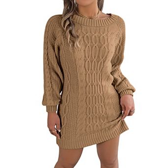 Womens Sweater Dress Winter Cable Knit Crewneck Lantern Sleeve Pullover Sweaters