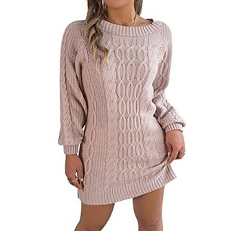 Womens Sweater Dress Winter Cable Knit Crewneck Lantern Sleeve Pullover Sweaters