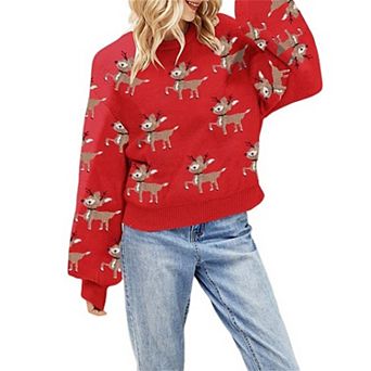 Women Ugly Christmas Sweater Cozy Loose Knit Deer Pattern Pullover Long Sleeve Xmas Holiday Tops