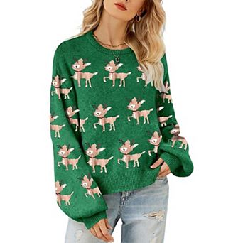 Women Ugly Christmas Sweater Cozy Loose Knit Deer Pattern Pullover Long Sleeve Xmas Holiday Tops