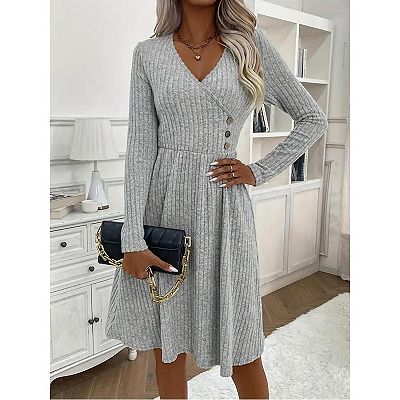 fit and flare midi sweater dress Machine Washable Merino Wool Fit & Flare Midi Sweater Dress with Belt M / Still Grey / 50% Merino Wool 50% Organic Cotton