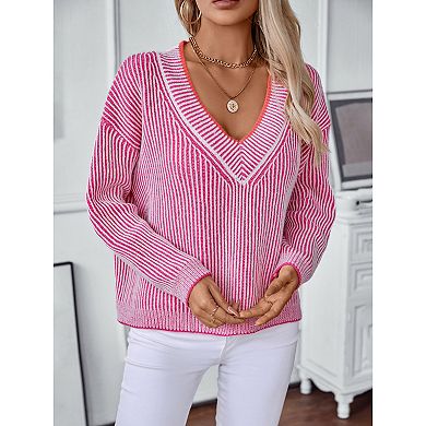 Women's Trendy Long Sleeve Pullover Deep V Neck Color Block Striped Knit Sweater