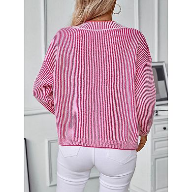 Women's Trendy Long Sleeve Pullover Deep V Neck Color Block Striped Knit Sweater