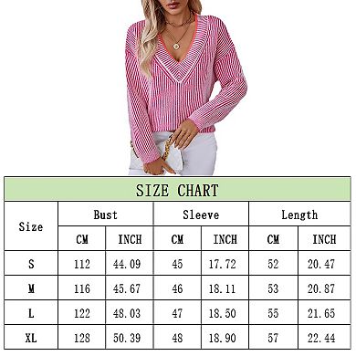 Women's Trendy Long Sleeve Pullover Deep V Neck Color Block Striped Knit Sweater