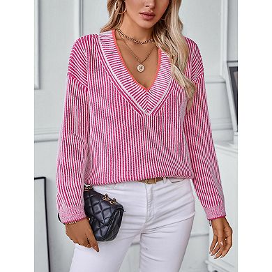 Women's Trendy Long Sleeve Pullover Deep V Neck Color Block Striped Knit Sweater