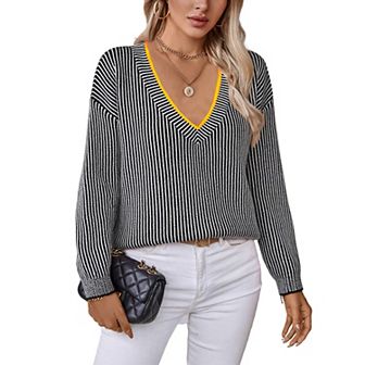 Women's Trendy Long Sleeve Pullover Deep V Neck Color Block Striped Knit Sweater