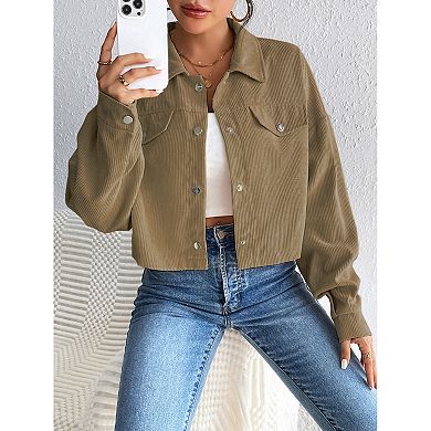 Button Down Coat for Women Lapel Long Sleeve Jacket Loose Trendy Solid Color Cropped Jacket