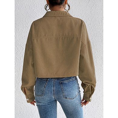 Button Down Coat for Women Lapel Long Sleeve Jacket Loose Trendy Solid Color Cropped Jacket