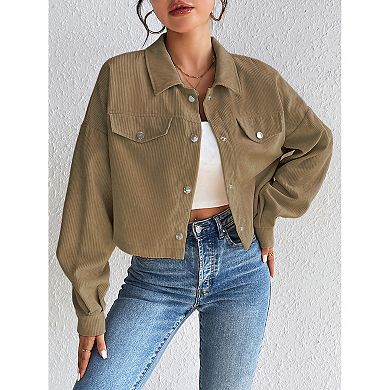 Button Down Coat for Women Lapel Long Sleeve Jacket Loose Trendy Solid Color Cropped Jacket