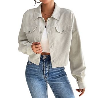Button Down Coat for Women Lapel Long Sleeve Jacket Loose Trendy Solid Color Cropped Jacket