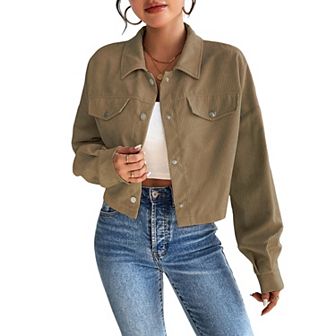 Button Down Coat for Women Lapel Long Sleeve Jacket Loose Trendy Solid Color Cropped Jacket