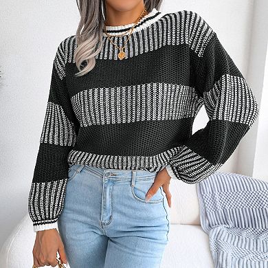 Women Color Block Long Sleeve Sweater Chunky Crew Neck Striped Knit Pullover Tops
