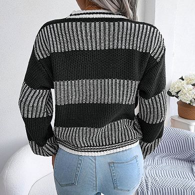 Women Color Block Long Sleeve Sweater Chunky Crew Neck Striped Knit Pullover Tops