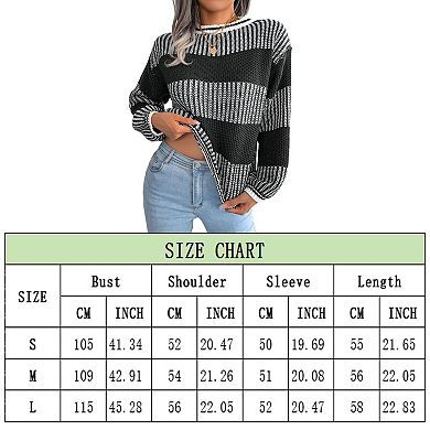 Women Color Block Long Sleeve Sweater Chunky Crew Neck Striped Knit Pullover Tops