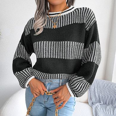 Women Color Block Long Sleeve Sweater Chunky Crew Neck Striped Knit Pullover Tops