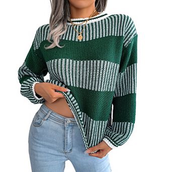Women Color Block Long Sleeve Sweater Chunky Crew Neck Striped Knit Pullover Tops