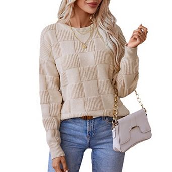 Women Fashion Trendy Long Sleeve Checkered Crewneck Pullover Knit Sweater Tops