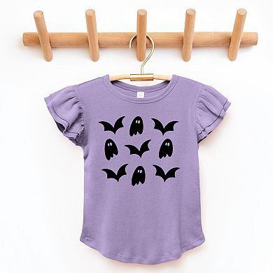 Ghosts and Bats Stacked - Kids Flutter Sleeve Tee
