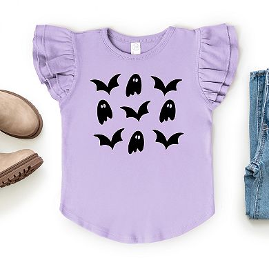 Ghosts and Bats Stacked - Kids Flutter Sleeve Tee