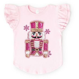 Pink Snowflake Nutcracker Patchwork Print - Flutter Sleeve Graphic T-Shirt