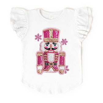 Pink Snowflake Nutcracker Patchwork Print - Flutter Sleeve Graphic T-Shirt