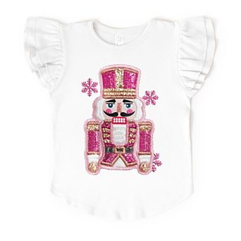 Pink Snowflake Nutcracker Patchwork Print - Flutter Sleeve Graphic T-Shirt